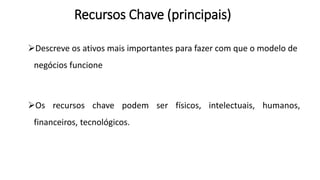 Recursos Chave (principais)
Descreve os ativos mais importantes para fazer com que o modelo de
negócios funcione
Os recursos chave podem ser físicos, intelectuais, humanos,
financeiros, tecnológicos.
 