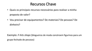 Recursos Chave
• Quais os principais recursos necessários para realizar a minha
proposta de valor?
• Vou precisar de equipamentos? De materiais? De pessoas? De
dinheiro?
Exemplo: F-hits shops (blogueiras de moda constroem figurinos para um
grupo fechado de pessoas)
 