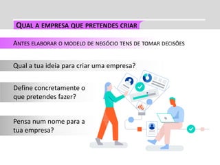 Qual a tua ideia para criar uma empresa?
Define concretamente o
que pretendes fazer?
Pensa num nome para a
tua empresa?
ANTES ELABORAR O MODELO DE NEGÓCIO TENS DE TOMAR DECISÕES
 