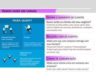DEFINIR O SEGMENTO DE CLIENTES
Quem serão os clientes do meu negócio?
Caraterize-os (faixa etária, sexo, classe social, faixa
salarial, hábitos de consumo, preferências, ambições,
necessidades etc)
RELAÇÕES COM OS CLIENTES
Modo com que uma empresa interage com
seus clientes?
Presencial? Online? próxima ? Personalizada?
Produto igual para todos? tipo de assistência/apoio
ao cliente, etc)
CANAIS DE COMUNICAÇÃO
Modo como cliente entra em contacto com
empresa?
Email, site, redes sociais? Quais as redes sociais?
 