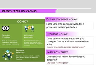 DEFINIR ATIVIDADES - CHAVE
Fazer uma lista com as atividades e
processos mais importantes
RECURSOS - CHAVE
Quais os recursos que precisamos para
conseguir fazer as atividades que referimos
antes.
Espaço, orçamento, pessoas, equipamento?
PARCEIROS - CHAVE
Quem serão os nossos fornecedores ou
parceiros?
Empresas ? instituições?
 