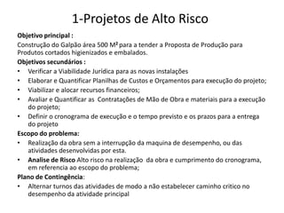 1-Projetos de Alto Risco
Objetivo principal :
Construção do Galpão área 500 M2 para a tender a Proposta de Produção para
Produtos cortados higienizados e embalados.
Objetivos secundários :
• Verificar a Viabilidade Jurídica para as novas instalações
• Elaborar e Quantificar Planilhas de Custos e Orçamentos para execução do projeto;
• Viabilizar e alocar recursos financeiros;
• Avaliar e Quantificar as Contratações de Mão de Obra e materiais para a execução
do projeto;
• Definir o cronograma de execução e o tempo previsto e os prazos para a entrega
do projeto
Escopo do problema:
• Realização da obra sem a interrupção da maquina de desempenho, ou das
atividades desenvolvidas por esta.
• Analise de Risco Alto risco na realização da obra e cumprimento do cronograma,
em referencia ao escopo do problema;
Plano de Contingência:
• Alternar turnos das atividades de modo a não estabelecer caminho critico no
desempenho da atividade principal
 