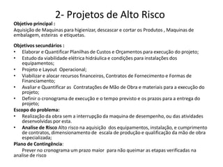 2- Projetos de Alto Risco
Objetivo principal :
Aquisição de Maquinas para higienizar, descascar e cortar os Produtos , Maquinas de
embalagem, esteiras e etiquetas.
Objetivos secundários :
• Elaborar e Quantificar Planilhas de Custos e Orçamentos para execução do projeto;
• Estudo da viabilidade elétrica hidráulica e condições para instalações dos
equipamentos;
• Projeto e Layout Operacional;
• Viabilizar e alocar recursos financeiros, Contratos de Fornecimento e Formas de
Financiamento;
• Avaliar e Quantificar as Contratações de Mão de Obra e materiais para a execução do
projeto;
• Definir o cronograma de execução e o tempo previsto e os prazos para a entrega do
projeto;
Escopo do problema:
• Realização da obra sem a interrupção da maquina de desempenho, ou das atividades
desenvolvidas por esta.
• Analise de Risco Alto risco na aquisição dos equipamentos, instalação, e cumprimento
de contratos, dimensionamento de escala de produção e qualificação da mão de obra
especializada;
Plano de Contingência:
Prever no cronograma um prazo maior para não queimar as etapas verificadas na
analise de risco
 