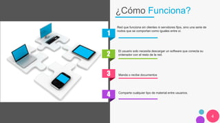 ¿Cómo Funciona?
1
Red que funciona sin clientes ni servidores fijos, sino una serie de
nodos que se comportan como iguales entre sí.
2
El usuario solo necesita descargar un software que conecta su
ordenador con el resto de la red.
3 Manda o recibe documentos
4 Comparte cualquier tipo de material entre usuarios.
4
 