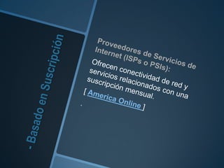 - Basado en SuscripciónProveedores de Servicios de Internet (ISPso PSIs):Ofrecen conectividad de red y servicios relacionados con una suscripción mensual.[ America Online ] . 