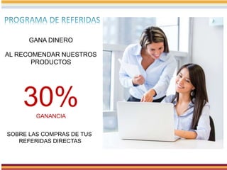 GANA DINERO
AL RECOMENDAR NUESTROS
PRODUCTOS
30%GANANCIA
SOBRE LAS COMPRAS DE TUS
REFERIDAS DIRECTAS
 