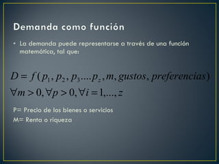 La demanda puede representarse a través de una función matemática, tal que: P= Precio de los bienes o servicios M= Renta o riqueza 