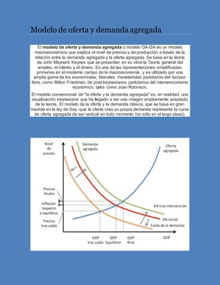Modelo de oferta y demanda agregada
El modelo de oferta y demanda agregada o modelo OA-DA es un modelo
macroeconómico que explica el nivel de precios y de producción a través de la
relación entre la demanda agregada y la oferta agregada. Se basa en la teoría
de John Maynard Keynes que se presentan en su obra la Teoría general del
empleo, el interés y el dinero. Es una de las representaciones simplificadas
primarias en el moderno campo de la macroeconomía, y es utilizado por una
amplia gama de los economistas, liberales, monetaristas partidarios del laissez-
faire, como Milton Friedman, de post-keynesianos partidarios del intervencionismo
económico, tales como Joan Robinson.
El modelo convencional de "la oferta y la demanda agregada" es, en realidad, una
visualización keynesiana que ha llegado a ser una imagen ampliamente aceptada
de la teoría. El modelo de la oferta y la demanda clásica, que se basa en gran
medida en la ley de Say -que la oferta crea su propia demanda representa la curva
de oferta agregada de ser vertical en todo momento (no sólo en el largo plazo).
 