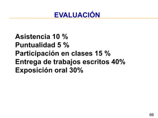 EVALUACIÓN
Asistencia 10 %
Puntualidad 5 %
Participación en clases 15 %
Entrega de trabajos escritos 40%
Exposición oral 3...