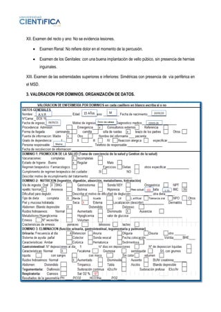 XII. Examen del recto y ano: No se evidencia lesiones.
• Examen Renal: No refiere dolor en el momento de la percusión.
• Examen de los Genitales: con una buena implantación de vello púbico, sin presencia de hernias
inguinales.
XIII. Examen de las extremidades superiores e inferiores: Simétricas con presencia de vía periférica en
el MSD.
3. VALORACION POR DOMINIOS. ORGANIZACIÓN DE DATOS.
 