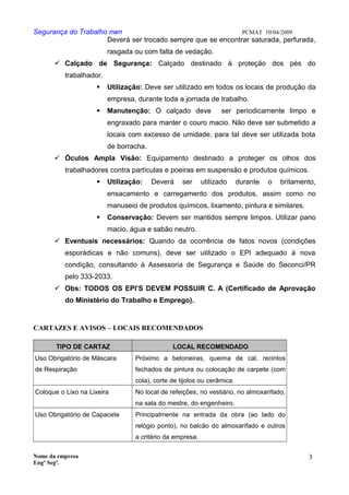 Segurança do Trabalho nwn PCMAT 10/04/2009
Deverá ser trocado sempre que se encontrar saturada, perfurada,
rasgada ou com falta de vedação.
 Calçado de Segurança: Calçado destinado à proteção dos pés do
trabalhador.
 Utilização: Deve ser utilizado em todos os locais de produção da
empresa, durante toda a jornada de trabalho.
 Manutenção: O calçado deve ser periodicamente limpo e
engraxado para manter o couro macio. Não deve ser submetido a
locais com excesso de umidade, para tal deve ser utilizada bota
de borracha.
 Óculos Ampla Visão: Equipamento destinado a proteger os olhos dos
trabalhadores contra partículas e poeiras em suspensão e produtos químicos.
 Utilização: Deverá ser utilizado durante o britamento,
ensacamento e carregamento dos produtos, assim como no
manuseio de produtos químicos, lixamento, pintura e similares.
 Conservação: Devem ser mantidos sempre limpos. Utilizar pano
macio, água e sabão neutro.
 Eventuais necessários: Quando da ocorrência de fatos novos (condições
esporádicas e não comuns), deve ser utilizado o EPI adequado à nova
condição, consultando à Assessoria de Segurança e Saúde do Seconci/PR
pelo 333-2033.
 Obs: TODOS OS EPI’S DEVEM POSSUIR C. A (Certificado de Aprovação
do Ministério do Trabalho e Emprego).
CARTAZES E AVISOS – LOCAIS RECOMENDADOS
TIPO DE CARTAZ LOCAL RECOMENDADO
Uso Obrigatório de Máscara
de Respiração
Próximo a betoneiras, queima de cal, recintos
fechados de pintura ou colocação de carpete (com
cola), corte de tijolos ou cerâmica.
Coloque o Lixo na Lixeira No local de refeições, no vestiário, no almoxarifado,
na sala do mestre, do engenheiro.
Uso Obrigatório de Capacete Principalmente na entrada da obra (ao lado do
relógio ponto), no balcão do almoxarifado e outros
a critério da empresa.
Nome da empresa
Engº Segª.
3
7
 