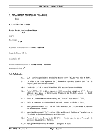 DOCUMENTO BASE - PCMSO
1 - ABRANGÊNCIA, APLICAÇÃO E FINALIDADE
 Local
1.1 - Identificação do Local
Razão Social: Empresa S.A – Nome
Local
CNPJ:
Endereço:
CEP
Ramo de Atividade (CNAE): num – categoria
Grau de Risco ( NR 4):
Área total: m
2
Número de empregados: n (x masculino e y feminino)
Área construída: m2
1.2 - Referências
1.2.1. CLT – Consolidação das Leis do trabalho (decreto lei n.º 5452, de 1º de maio de 1943).
1.2.2. Lei n.º 6514, de 22 de agosto de 1977, alterando o capítulo V do título II da CLT; da
Segurança da Medicina do Trabalho.
1.2.3. Portaria MTE n.º 3214, de 08 de Maio de 1978, Normas Regulamentadoras.
1.2.4. Portaria MTE n.º 24, de 29 de agosto de 1994, alterando a redação da NR 7 – Exames
Médicos, que passa a denominar-se Programa de Controle Médico de Saúde
Ocupacional (PCMSO).
1.2.5. Plano de Custeio da Previdência Social (Lei n.º 8.213/91 e decreto n.º 2173/97).
1.2.6. Plano de benefícios da Previdência Social (Lei n.º 8.213/91 e decreto 2.172/97).
1.2.7. Instrução Normativa MTE nº 1 de 20/12/95 – Avaliação das Concentrações de Benzeno
nos Ambientes de Trabalho.
1.2.8. Instrução Normativa MTE nº 3 de 20/12/95 – Vigilância da Saúde dos Trabalhadores na
Prevenção da Exposição Ocupacional ao Benzeno.
1.2.9. Acordo Coletivo do Benzeno de 20/12/95 – Acordo tripartite para Prevenção da
Exposição Ocupacional ao Benzeno.
1.2.10. Instrução Normativa INSS - N.º 84 de 17 de agosto de 2002.
Mês/2018 - Revisão 1 Página 5 de 35
 