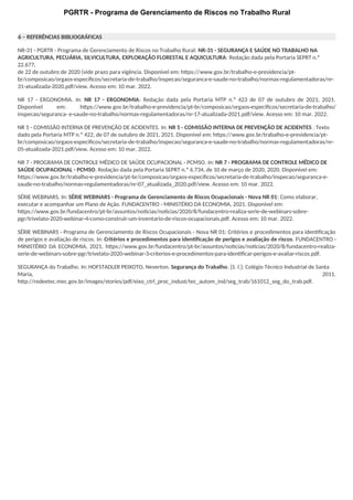 PGRTR - Programa de Gerenciamento de Riscos no Trabalho Rural
6 – REFERÊNCIAS BIBLIOGRÁFICAS
NR-31 - PGRTR - Programa de Gerenciamento de Riscos no Trabalho Rural: NR-31 - SEGURANÇA E SAÚDE NO TRABALHO NA
AGRICULTURA, PECUÁRIA, SILVICULTURA, EXPLORAÇÃO FLORESTAL E AQUICULTURA: Redação dada pela Portaria SEPRT n.º
22.677,
de 22 de outubro de 2020 (vide prazo para vigência. Disponível em: https://www.gov.br/trabalho-e-previdencia/pt-
br/composicao/orgaos-especificos/secretaria-de-trabalho/inspecao/seguranca-e-saude-no-trabalho/normas-regulamentadoras/nr-
31-atualizada-2020.pdf/view. Acesso em: 10 mar. 2022.
NR 17 - ERGONOMIA. In: NR 17 - ERGONOMIA: Redação dada pela Portaria MTP n.º 423 de 07 de outubro de 2021, 2021.
Disponível em: https://www.gov.br/trabalho-e-previdencia/pt-br/composicao/orgaos-especificos/secretaria-de-trabalho/
inspecao/seguranca- e-saude-no-trabalho/normas-regulamentadoras/nr-17-atualizada-2021.pdf/view. Acesso em: 10 mar. 2022.
NR 5 - COMISSÃO INTERNA DE PREVENÇÃO DE ACIDENTES. In: NR 5 - COMISSÃO INTERNA DE PREVENÇÃO DE ACIDENTES . Texto
dado pela Portaria MTP n.º 422, de 07 de outubro de 2021, 2021. Disponível em: https://www.gov.br/trabalho-e-previdencia/pt-
br/composicao/orgaos-especificos/secretaria-de-trabalho/inspecao/seguranca-e-saude-no-trabalho/normas-regulamentadoras/nr-
05-atualizada-2021.pdf/view. Acesso em: 10 mar. 2022.
NR 7 - PROGRAMA DE CONTROLE MÉDICO DE SAÚDE OCUPACIONAL - PCMSO. In: NR 7 - PROGRAMA DE CONTROLE MÉDICO DE
SAÚDE OCUPACIONAL - PCMSO. Redação dada pela Portaria SEPRT n.º 6.734, de 10 de março de 2020, 2020. Disponível em:
https://www.gov.br/trabalho-e-previdencia/pt-br/composicao/orgaos-especificos/secretaria-de-trabalho/inspecao/seguranca-e-
saude-no-trabalho/normas-regulamentadoras/nr-07_atualizada_2020.pdf/view. Acesso em: 10 mar. 2022.
SÉRIE WEBINARS. In: SÉRIE WEBINARS - Programa de Gerenciamento de Riscos Ocupacionais - Nova NR 01: Como elaborar,
executar e acompanhar um Plano de Ação. FUNDACENTRO - MINISTÉRIO DA ECONOMIA, 2021. Disponível em:
https://www.gov.br/fundacentro/pt-br/assuntos/noticias/noticias/2020/8/fundacentro-realiza-serie-de-webinars-sobre-
pgr/trivelato-2020-webinar-4-como-construir-um-inventario-de-riscos-ocupacionais.pdf. Acesso em: 10 mar. 2022.
SÉRIE WEBINARS - Programa de Gerenciamento de Riscos Ocupacionais - Nova NR 01: Critérios e procedimentos para identificação
de perigos e avaliação de riscos. In: Critérios e procedimentos para identiﬁcação de perigos e avaliação de riscos. FUNDACENTRO -
MINISTÉRIO DA ECONOMIA, 2021. https://www.gov.br/fundacentro/pt-br/assuntos/noticias/noticias/2020/8/fundacentro-realiza-
serie-de-webinars-sobre-pgr/trivelato-2020-webinar-3-criterios-e-procedimentos-para-identificar-perigos-e-avaliar-riscos.pdf.
SEGURANÇA do Trabalho. In: HOFSTADLER PEIXOTO, Neverton. Segurança do Trabalho. [S. l.]: Colégio Técnico Industrial de Santa
Maria, 2011.
http://redeetec.mec.gov.br/images/stories/pdf/eixo_ctrl_proc_indust/tec_autom_ind/seg_trab/161012_seg_do_trab.pdf.
 