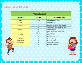 V.FERIADOS DEL AÑO ESCOLAR 2025:
FERIADOS 2025
MESES FECHA CELEBRACIÓN
ABRIL 17 y 18 Jueves y Viernes Santo
MAYO 1 Día del trabajo
JUNIO 7 Batalla de Arica y día de la bandera
29 Día del Papa – San Pedro y San Pablo
JULIO 06 Día del Maestro
23 Dia de la fuerza aérea del Perú
28 y 29 Fiestas patrias
AGOSTO 6 Batalla de Junín
30 Santa Rosa de Lima
OCTUBRE 08 Combate de Angamos
NOVIEMBRE 01 Todos los santos
DICIEMBRE 08
09
Inmaculada Concepción
Batalla de Ayacucho
 