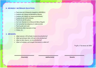 IX. RECURSOS Y MATERIALES EDUCATIVOS:
• Fascículos de la Evaluación diagnóstica (MINEDU)
• Cuaderno de trabajo de Matemática Minedu
• Cuaderno de trabajo de Comunicación Minedu
• Cuadernillo de tutoría Minedu
• Plataforma de Perueduca
• Currículo Nacional de la Educación Básica Regular
• Herramientas tecnológicas y/o redes sociales
• Planificación curricular
• Plataforma Web Aprendo en Casa
• Videos, etc.
X. REFLEXIÓN:
• ¿Qué avances o dificultades tuvieron los estudiantes?
• ¿Qué aprendizajes debo reforzar a mis estudiantes?
• ¿Qué se debe mejorar con mis estudiantes?
• ¿Qué actividades y estrategias funcionaron y cuáles no?
Trujillo, 17 de marzo de 2025.
Director(a) subdirector(a) Docente
 