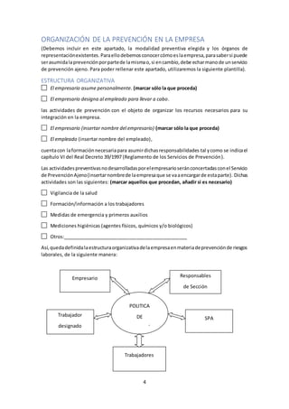 4
ORGANIZACIÓN DE LA PREVENCIÓN EN LA EMPRESA
(Debemos incluir en este apartado, la modalidad preventiva elegida y los órganos de
representaciónexistentes. Paraellodebemosconocercómoeslaempresa,parasabersi puede
serasumidalaprevenciónporpartede lamismao,si encambio,debe echarmanode unservicio
de prevención ajeno. Para poder rellenar este apartado, utilizaremos la siguiente plantilla).
ESTRUCTURA ORGANIZATIVA
El empresario asume personalmente. (marcar sólo la que proceda)
El empresario designa al empleado para llevar a cabo.
las actividades de prevención con el objeto de organizar los recursos necesarios para su
integración en la empresa.
El empresario (insertar nombre del empresario) (marcar sólo la que proceda)
El empleado (insertar nombre del empleado),
cuentacon laformaciónnecesariapara asumirdichasresponsabilidades tal ycomo se indicael
capítulo VI del Real Decreto 39/1997 (Reglamento de los Servicios de Prevención).
Las actividadespreventivasnodesarrolladasporelempresarioseránconcertadasconel Servicio
de PrevenciónAjeno(insertarnombrede laempresaque se vaaencargarde estaparte). Dichas
actividades son las siguientes: (marcar aquellos que procedan, añadir si es necesario)
Vigilancia de la salud
Formación/información a los trabajadores
Medidas de emergencia y primeros auxilios
Mediciones higiénicas (agentes físicos, químicos y/o biológicos)
Otros:_______________________________________________
Así,quedadefinidalaestructuraorganizativadelaempresaenmateriadeprevenciónde riesgos
laborales, de la siguiente manera:
POLITICA
DE
PREVENCIÓN
Empresario Responsables
de Sección
Trabajador
designado
SPA
Trabajadores
 
