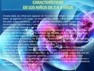 CARACTERÍSTICAS
DE LOS NIÑOS DE 2 A 3 AÑOS
•A esta edad, los niños son capaces de moverse con soltura, dan patadas a un
balón, se agachan y lo cogen, se levantan con objetos en las manos, saltan con los
dos pies, suben escaleras..., por lo que están preparados para el inicio de
movimientos mas precisos y complicados, utilizando las partes del cuerpo mas
alejadas del eje corporal y con mayor precisión.
•El razonamiento de los niños de esta edad es transductivo, que quiere decir que se
centran solo en un aspecto de la realidad, por ejemplo, se fijan en que una pelota
es roja y no son capaces de decir que es redonda, aunque lo sepan.
•Son sincréticos e intuitivos, se fijan en algo específico, y generalizan, por ejemplo,
saben que una flor tiene pétalos, pero no entienden que haya diferentes especies
de flores, pues para ellos deben ser todas iguales.
•Son muy egocéntricos, creen que el mundo gira en torno a ellos y porque ellos
quieren que sea así. No admiten otro punto de vista, y creen que todo lo que
ocurre en la tierra (fenómenos naturales), es por que el hombre quiere que sea así.
•A esta edad manejan bastantes palabras, y comprenden e interiorizan mejor.
Dotan de significado a las palabras y juegan con el lenguaje creando situaciones y
conflictos que luego resuelven, lo que hace posible que el niño razone y establezca
relaciones de causas y consecuencias.

 