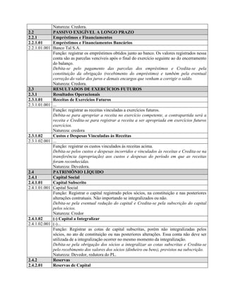 Natureza: Credora.
2.2 PASSIVO EXIGÍVEL A LONGO PRAZO
2.2.1 Empréstimos e Financiamentos
2.2.1.01 Empréstimos e Financiamentos Bancários
2.2.1.01.001 Banco Tal S.A.
Função: registrar os empréstimos obtidos junto ao banco. Os valores registrados nessa
conta são as parcelas vencíveis após o final do exercício seguinte ao do encerramento
do balanço.
Debita-se pelo pagamento das parcelas dos empréstimos e Credita-se pela
constituição da obrigação (recebimento do empréstimo) e também pela eventual
correção do valor dos juros e demais encargos que venham a corrigir o saldo.
Natureza: Credora.
2.3 RESULTADOS DE EXERCÍCIOS FUTUROS
2.3.1 Resultados Operacionais
2.3.1.01 Receitas de Exercícios Futuros
2.3.1.01.001 ...
Função: registrar as receitas vinculadas a exercícios futuros.
Debita-se para apropriar a receita no exercício competente, a contrapartida será a
receita e Credita-se para registrar a receita a ser apropriada em exercícios futuros
exercícios.
Natureza: credora
2.3.1.02 Custos e Despesas Vinculadas às Receitas
2.3.1.02.001 ...
Função: registrar os custos vinculados às receitas acima.
Debita-se pelos custos e despesas incorridos e vinculados às receitas e Credita-se na
transferência (apropriação) aos custos e despesas do período em que as receitas
foram reconhecidas.
Natureza: Devedora.
2.4 PATRIMÔNIO LÍQUIDO
2.4.1 Capital Social
2.4.1.01 Capital Subscrito
2.4.1.01.001 Capital Social
Função: Registrar o capital registrado pelos sócios, na constituição e nas posteriores
alterações contratuais. Não importando se integralizados ou não.
Debita-se pela eventual redução do capital e Credita-se pela subscrição do capital
pelos sócios.
Natureza: Credor
2.4.1.02 (-) Capital a Integralizar
2.4.1.02.001 (-)...
Função: Registrar as cotas de capital subscritas, porém não integralizadas pelos
sócios, no ato de constituição ou nas posteriores alterações. Essa conta não deve ser
utilizada de a integralização ocorrer no mesmo momento da integralização.
Debita-se pela obrigação dos sócios a integralizar as cotas subscritas e Credita-se
pelo recebimento dos valores dos sócios (dinheiro ou bens), previstos na subscrição.
Natureza: Devedor, redutora do PL.
2.4.2 Reservas
2.4.2.01 Reservas de Capital
 