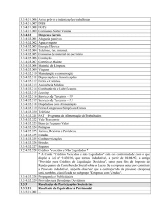 3.3.4.01.006 Aviso prévio e indenizações trabalhistas
3.3.4.01.007 INSS
3.3.4.01.008 FGTS
3.3.4.01.009 Comissões Sobre Vendas
3.3.4.02 Despesas Gerais
3.3.4.02.001 Alugueis passivos
3.3.4.02.002 Água e esgoto
3.3.4.02.003 Energia Elétrica
3.3.4.02.004 Telefone, fax, internet.
3.3.4.02.005 Consumo de material de escritório
3.3.4.02.006 Condução
3.3.4.02.007 Correios e Malote
3.3.4.02.008 Material de Limpeza
3.3.4.02.009 Viagens
3.3.4.02.010 Manutenção e conservação
3.3.4.02.011 Depreciações e Amortizações
3.3.4.02.012 Fretes e Carretos
3.3.4.02.013 Assistência Médica
3.3.4.02.014 Combustíveis e Lubrificantes
3.3.4.02.015 Leasing
3.3.4.02.016 Serviços de Terceiros – PF
3.3.4.02.017 Serviços de Terceiros – PJ
3.3.4.02.018 Dispêndios com Alimentação
3.3.4.02.019 Feiras/Congressos/Simpósios/Cursos
3.3.4.02.020 Telefone
3.3.4.02.021 PAT – Programa de Alimentação doTrabalhados
3.3.4.02.022 Vale Transporte
3.3.4.02.023 Bens de Pequeno Valor
3.3.4.02.024 Pedágios
3.3.4.02.025 Jornais, Revistas e Peródicos.
3.3.4.02.025 Estadas
3.3.4.02.025 Confraternizações
3.3.4.02.026 Brindes
3.3.4.02.027 Seguros
3.2.4.02.028 Créditos Vencidos e Não Liquidados *
* A Conta "Créditos Vencidos e não Liquidados" está em conformidade com o que
dispõe a Lei nº 9.430/96, que tornou indedutível, a partir de 01/01/97, a antiga
"Provisão para Créditos de Liquidação Duvidosa", tanto para fins de Imposto de
Renda quanto da Contribuição Social sobre o Lucro. Se a empresa optar por constituir
a Provisão indedutível, importa observar que a contrapartida da provisão (despesa)
será, também, classificada no subgrupo "Despesas com Vendas".
3.3.4.02.028 Propaganda e Publicidades
3.3.4.02.029 Provisão para Devedores Duvidosos
3.3.5 Resultados de Participações Societárias
3.3.5.01 Resultado da Equivalência Patrimonial
3.3.5.01.001 ...
 