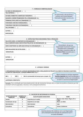 7 – FORMAS DE COMERCIALIZAÇÃO
NA SEDE DA ORGANIZAÇÃO (                     )
TELE ENTREGA (              )
                                                                                                   Em quais locais e de que forma o
ESTABELECIMENTOS COMERCIAIS PARCEIROS (                            )                                produto será Comercializado?
BAZARES A SEREM PROMOVIDOS PELA ORGANIZAÇÃO (X )                                                   Você pode assinalar mais de uma
                                                                                                               opção!
FEIRINHAS POPULARES NA COMUNIDADE (X )

PARCERIAS COM ONG’S BRASILEIRAS (                       )

PARCERIAS COM ONG’S ESTRANGEIRAS (                          )

PELA INTERNET (             )

OUTROS (         )

ESPECIFICAR :




                                                 8 – ESTRUTURA FÍSICA NECESSÁRIA PARA A PRODUÇÃO
SALA EXCLUSIVA, JÁ EXISTENTE NA ORGANIZAÇÃO (                          )
SALA COMPARTILHADA COM OUTROS PROJETOS, NA ORGANIZAÇÃO (X)
                                                                                                         Para produzir, do que sua
SERÁ CONSTRUÍDO OU AMPLIADO ESPAÇO NA ORGANIZAÇÃO (                             )
                                                                                                     Organização irá precisar? O que é
                                                                                                       necessário para a produção?
SERÁ REALIZADO EM OUTRA SEDE (                      )
                                                                                                     Neste tópico, queremos saber da
ESPECIFICAR:                                                                                         Estrutura Física necessária para a
                                                                                                                 produção!

OUTROS (             )

ESPECIFICAR:




                                                                    9 – LICENÇAS EXIGIDAS


A ORGANIZAÇÃO POSSUI AS LICENÇAS NECESSÁRIAS PARA A REALIZAÇÃO DO PROJETO (ALVARÁ DA VIGILÂNCIA SANITÁRIA,
ALVARÁ DE CONSTRUÇÃO, LICENÇAS AMBIENTAIS, ETC) ?

                                                                                                      Alguns produtos ou serviços requerem
SIM (    )               NÃO (     )       Não ha necessidade de licenças para o projeto (X )      licenças especiais para serem produzidos e
                                                                                                   comercializados. Confira com antecedência
JUSTIFIQUE A RESPOSTA:                                                                                 se esse é o caso da sua Organização!

Exemplo: Para a produção que nosso projeto prevê, não são necessárias licenças, pois se tratam de produtos artesanais que não
envolvem nenhuma agressão a natureza e nem produção de alimentos.




                                                     10 - PROJEÇÃO DE NECESSIDADE DE PESSOAL
OPORTUNIDADE DE                  NÚMERO DE
                                                                 QUALIFICAÇÕES DESEJÁVEIS                                NOME
   TRABALHO                       PESSOAS
Vendas                                 6          Experiência em vendas                                Martina, Ivete, Ketzia, Regina, Eni e
                                                                                                       Fábia
Coordenador de loja                    3          Experiência com lojas                                Marla, Jo e Bete

Administrativo                         1          Administrador                                        Jean

Consultoria                            2          Consultores                                          Vivian e Guilherme



                                                                             Quantas pessoas irão colaborar com a sua Organização
                                                                             para produção/comercialização do produto/serviço? E
                                                                                            em quais atividades?
 