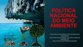 POLÍTICA
NACIONAL
DO MEIO
AMBIENTE
• POLÍTICA NACIONAL DE RESÍDUOS
SÓLIDOS
• POLÍTICA NACIONAL DE RECURSOS
HIDRÍCOS
• POLÍTICAS INTERNACIONAIS
 