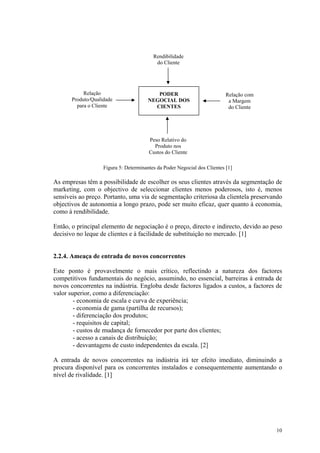 Rendibilidade
                                           do Cliente




            Relação                        PODER                           Relação com
       Produto/Qualidade                NEGOCIAL DOS                        a Margem
         para o Cliente                   CIENTES                           do Cliente




                                        Peso Relativo do
                                          Produto nos
                                        Custos do Cliente

                    Figura 5: Determinantes da Poder Negocial dos Clientes [1]

As empresas têm a possibilidade de escolher os seus clientes através da segmentação de
marketing, com o objectivo de seleccionar clientes menos poderosos, isto é, menos
sensíveis ao preço. Portanto, uma via de segmentação criteriosa da clientela preservando
objectivos de autonomia a longo prazo, pode ser muito eficaz, quer quanto à economia,
como à rendibilidade.

Então, o principal elemento de negociação é o preço, directo e indirecto, devido ao peso
decisivo no leque de clientes e à facilidade de substituição no mercado. [1]


2.2.4. Ameaça de entrada de novos concorrentes

Este ponto é provavelmente o mais crítico, reflectindo a natureza dos factores
competitivos fundamentais do negócio, assumindo, no essencial, barreiras à entrada de
novos concorrentes na indústria. Engloba desde factores ligados a custos, a factores de
valor superior, como a diferenciação:
        - economia de escala e curva de experiência;
        - economia de gama (partilha de recursos);
        - diferenciação dos produtos;
        - requisitos de capital;
        - custos de mudança de fornecedor por parte dos clientes;
        - acesso a canais de distribuição;
        - desvantagens de custo independentes da escala. [2]

A entrada de novos concorrentes na indústria irá ter efeito imediato, diminuindo a
procura disponível para os concorrentes instalados e consequentemente aumentando o
nível de rivalidade. [1]




                                                                                         10
 