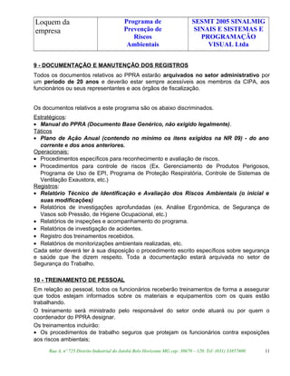 Loquem da
empresa
Programa de
Prevenção de
Riscos
Ambientais
SESMT 2005 SINALMIG
SINAIS E SISTEMAS E
PROGRAMAÇÃO
VISUAL Ltda
9 - DOCUMENTAÇÃO E MANUTENÇÃO DOS REGISTROS
Todos os documentos relativos ao PPRA estarão arquivados no setor administrativo por
um período de 20 anos e deverão estar sempre acessíveis aos membros da CIPA, aos
funcionários ou seus representantes e aos órgãos de fiscalização.
Os documentos relativos a este programa são os abaixo discriminados.
Estratégicos:
• Manual do PPRA (Documento Base Genérico, não exigido legalmente).
Táticos
• Plano de Ação Anual (contendo no mínimo os itens exigidos na NR 09) - do ano
corrente e dos anos anteriores.
Operacionais:
• Procedimentos específicos para reconhecimento e avaliação de riscos.
• Procedimentos para controle de riscos (Ex. Gerenciamento de Produtos Perigosos,
Programa de Uso de EPI, Programa de Proteção Respiratória, Controle de Sistemas de
Ventilação Exaustora, etc.)
Registros:
• Relatório Técnico de Identificação e Avaliação dos Riscos Ambientais (o inicial e
suas modificações)
• Relatórios de investigações aprofundadas (ex. Análise Ergonômica, de Segurança de
Vasos sob Pressão, de Higiene Ocupacional, etc.)
• Relatórios de inspeções e acompanhamento do programa.
• Relatórios de investigação de acidentes.
• Registro dos treinamentos recebidos.
• Relatórios de monitorizações ambientais realizadas, etc.
Cada setor deverá ter à sua disposição o procedimento escrito específicos sobre segurança
e saúde que lhe dizem respeito. Toda a documentação estará arquivada no setor de
Segurança do Trabalho.
10 - TREINAMENTO DE PESSOAL
Em relação ao pessoal, todos os funcionários receberão treinamentos de forma a assegurar
que todos estejam informados sobre os materiais e equipamentos com os quais estão
trabalhando.
O treinamento será ministrado pelo responsável do setor onde atuará ou por quem o
coordenador do PPRA designar.
Os treinamentos incluirão:
• Os procedimentos de trabalho seguros que protejam os funcionários contra exposições
aos riscos ambientais;
Rua A, nº 725 Distrito Industrial do Jatobá Belo Horizonte MG cep: 30670 – 120. Tel: (031) 33857600 11
 
