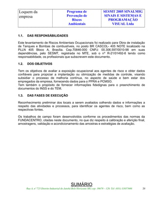 Loquem da
empresa
Programa de
Prevenção de
Riscos
Ambientais
SESMT 2005 SINALMIG
SINAIS E SISTEMAS E
PROGRAMAÇÃO
VISUAL Ltda
1.1. DAS RESPONSÁBILIDADES
Este levantamento de Riscos Ambientais Ocupacionais foi realizado para Obra de instalação
de Tanques e Bombas de combustíveis, no posto BR CASCOL- 405 NOTE localizado na
PLLN 405 Bloco A, Brasília. Cep.70846-000 CNPJ: 00.306.597/0010-98 em suas
dependências, pelo SESMT, registrada no MTE, sob o nº R-21/01492-8 tendo como
responsabilidade, os profissionais que subscrevem este documento.
1.2. DOS OBJETIVOS
Tem os objetivos de avaliar a exposição ocupacional aos agentes de risco e obter dados
confiáveis para propiciar a implantação ou otimização de medidas de controle, visando
subsidiar o processo de melhoria contínua, no aspecto de saúde e bem estar dos
empregados da empresa, fornecendo dados para o PPRA e PCMSO.
Tem também o propósito de fornecer informações fidedignas para o preenchimento de
documentos do INSS e do TEM.
1.3. DAS FASES DE EXECUÇÃO
Reconhecimento preliminar dos locais a serem avaliados colhendo dados e informações a
respeito das atividades e processos, para identificar os agentes de risco, bem como as
respectivas fontes.
Os trabalhos de campo foram desenvolvidos conforme os procedimentos das normas da
FUNDACENTRO, citadas neste documento, no que diz respeito á calibração e aferição final,
amostragens, validação e acondicionamento das amostras e estratégias de avaliação.
SUMÁRIO
Rua A, nº 725 Distrito Industrial do Jatobá Belo Horizonte MG cep: 30670 – 120. Tel: (031) 33857600 20
 
