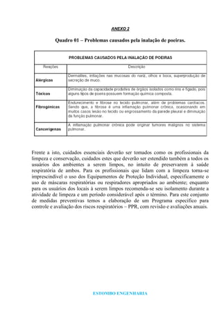 ESTOMBO ENGENHARIA
ANEXO 2
Quadro 01 – Problemas causados pela inalação de poeiras.
Frente a isto, cuidados essenciais deverão ser tomados como os profissionais da
limpeza e conservação, cuidados estes que deverão ser estendido também a todos os
usuários dos ambientes a serem limpos, no intuito de preservarem à saúde
respiratória de ambos. Para os profissionais que lidam com a limpeza torna-se
imprescindível o uso dos Equipamentos de Proteção Individual, especificamente o
uso de máscaras respiratórias ou respiradores apropriados ao ambiente; enquanto
para os usuários dos locais à serem limpos recomenda-se seu isolamento durante a
atividade de limpeza e um período considerável após o término. Para este conjunto
de medidas preventivas temos a elaboração de um Programa específico para
controle e avaliação dos riscos respiratórios – PPR, com revisão e avaliações anuais.
 