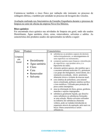 ESTOMBO ENGENHARIA
Contatou-se também o risco físico por radiação não ionizante no processo de
soldagem elétrica, e também por umidade no processo de lavagem dos veículos.
Avaliação realizada nos funcionários da Estombo Engenharia durante o processo de
limpeza no setor de oficina da empresa Nova Era Motores.
Risco químico:
Foi encontrado risco químico nas atividades de limpeza em geral, onde são usados
Desinfetante, Água sanitária, cloro, ceras, removedores, solventes e sabões. As
característica dos produtos usados são apresentados na tabela a seguir:
Setor Produto Característica
Limpeza
em
Geral
Desinfetante
Água sanitária
Cloro
Cera
Removedor
Solvente
substâncias ou produtos capazes de destruir,
indiscriminadamente, os microrganismos de
uma superfície ou instrumento;
composto químico para limpeza e desinfecção
de superfícies, cujo produto ativo, é o
hipoclorito de sódio;
elemento químico gasoso, não metálico que s
e encontra naforma molecular Cl2, pertencent
e ao grupo dos halogéneos, monovalente, de c
oramarelo-esverdeada, cheiro penetrante,
altamente tóxico e irritante da mucosa nasal;
cera sintética de polietileno, cera mineral
micro cristalizada, polímero sintético acrílico
e íons metálicos. Utilizado para proteção de
pisos contra intempéries.
atua na eliminação de óleos, graxas, gorduras,
manchas e sujeiras impregnadas.
substância geralmente líquida, que dissolve
outra substância ou substâncias formando-
se uma solução. Muitos solventes utilizados
na indústria são substâncias altamente
voláteis, pode ser inalada (introduzida no
organismo através da aspiração, pelo nariz ou
boca). Outra característica é serem
inflamáveis.
 