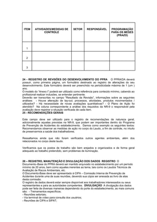 ITEM ATIVIDADES/MEDIDAS DE
CONTROLE
SETOR RESPONSÁVEL PROGRAMAÇÃO
PARA OS MESES
(PRAZO)
1
2
3
24 - REGISTRO DE REVISÕES DO DESENVOLVIMENTO DO PPRA O PPRA/DA deverá
possuir, como primeira página, um formulário destinado ao registro de alterações do seu
desenvolvimento. Este formulário deverá ser preenchido na periodicidade máxima de 1 (um )
ano.
O modelo do “Anexo I” poderá ser utilizado como referência para conteúdo mínimo, cabendo ao
profissional realizar inclusões, se entender pertinente.
Deverão ser transcritas no campo "Resultado da Revisão”, informações sobre as seguintes
análises: - Houve alteração de lay-out, processos, atividades, produtos movimentados /
utilizados? - Há necessidade de novas avaliações quantitativas? - O Plano de Ação foi
atendido? Na coluna correspondente a análise dos requisitos da NR-9 o responsável pela
avaliação deve registrar a situação verificada de cada item.
25 - RECOMENDAÇÕES GERAIS
Este campo deve ser utilizado para o registro de recomendações de natureza geral,
adicionalmente aquelas previstas na NR-9, que podem ser importantes dentro do Programa
de Prevenção de Acidentes do estabelecimento. Damos como exemplo os seguintes textos:
Recomendamos observar as medidas de ação no corpo do Laudo, a fim de controle, no intuito
de preservarmos a saúde dos trabalhadores.
Ressaltamos ainda que não foram verificados outros agentes ambientais, além dos
relacionados no corpo deste laudo.
Verificamos que os postos de trabalho são bem arejados e organizados e de forma geral
adequado ao trabalho pretendido, sem problemas de iluminação.
26 – REGISTRO, MANUTENÇÃO E DIVULGAÇÃO DOS DADOS REGISTRO O
Documento–Base do PPRA deverá ser mantido arquivado no estabelecimento por um período
mínimo de 20 anos, bem como aqueles inerentes ao tema, tais como os Laudos Técnicos de
Avaliação de Riscos Ambientais, etc.
O Documento-Base deve ser apresentado à CIPA – Comissão Interna de Prevenção de
Acidentes durante uma de suas reuniões, devendo sua cópia ser anexada ao livro de atas
desta comissão.
O registro de dados deverá estar sempre disponível aos trabalhadores interessados ou seus
representantes e para as autoridades competentes. DIVULGAÇÃO A divulgação dos dados
pode ser feita de diversas maneiras dependendo do porte do estabelecimento, as mais comuns
são: - Treinamentos específicos;
- Reuniões setoriais;
- Via terminal de vídeo para consulta dos usuários;
- Reuniões de CIPA e SIPAT;
 