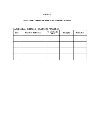 “ANEXO A”
REGISTRO DAS REVISÕES DO DESENVOLVIMENTO DO PPRA
RAZÃO SOCIAL: ENDEREÇO: RELATIVO AO PERÍODO DE:
Data Resultado da Revisão
Requisitos Da
NR-9
Situação Assinatura
 
