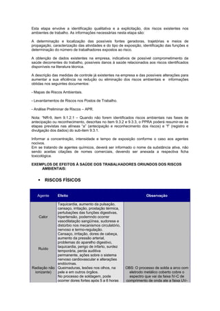 Esta etapa envolve a identificação qualitativa e a explicitação, dos riscos existentes nos 
ambientes de trabalho. As informações necessárias nesta etapa são: 
A determinação e localização das possíveis fontes geradoras, trajetórias e meios de 
propagação, caracterização das atividades e do tipo de exposição, identificação das funções e 
determinação do número de trabalhadores expostos ao risco. 
A obtenção de dados existentes na empresa, indicativos de possível comprometimento da 
saúde decorrentes do trabalho, possíveis danos à saúde relacionados aos riscos identificados 
disponíveis na literatura técnica. 
A descrição das medidas de controle já existentes na empresa e das possíveis alterações para 
aumentar a sua eficiência na redução ou eliminação dos riscos ambientais e informações 
obtidas nos seguintes documentos: 
- Mapas de Riscos Ambientais. 
- Levantamentos de Riscos nos Postos de Trabalho. 
- Análise Preliminar de Riscos – APR. 
Nota: “NR-9, item 9.1.2.1 – Quando não forem identificados riscos ambientais nas fases de 
antecipação ou reconhecimento, descritas no item 9.3.2 e 9.3.3, o PPRA poderá resumir-se às 
etapas previstas nas alíneas “a” (antecipação e reconhecimento dos riscos) e “f” (registro e 
divulgação dos dados) do sub-item 9.3.1. 
Informar a concentração, intensidade e tempo de exposição conforme o caso aos agentes 
nocivos. 
Em se tratando de agentes químicos, deverá ser informado o nome da substância ativa, não 
sendo aceitas citações de nomes comerciais, devendo ser anexada a respectiva ficha 
toxicológica. 
EXEMPLOS DE EFEITOS À SAÚDE DOS TRABALHADORES ORIUNDOS DOS RISCOS 
AMBIENTAIS: 
 RISCOS FÍSICOS 
Agente Efeito Observação 
Calor 
Taquicardia, aumento da pulsação, 
cansaço, irritação, prostação térmica, 
pertubações das funções digestivas, 
hipertensão, podemndo ocorrer 
vasodilatação sangüínea, sudorese e 
distúrbio nos mecanismos circulatório, 
nervoso e termo-regulação. 
Ruído 
Cansaço, irritação, dores de cabeça, 
aumento da pressão arterial, 
problemas do aparelho digestivo, 
taquicardia, perigo de infarto, surdez 
temporária, perda auditiva 
permanente, ações sobre o sistema 
nervoso cardiovascular e alterações 
endócrinas. 
Radiação não 
ionizante) 
Queimaduras, lesões nos olhos, na 
pele e em outros órgãos. 
No processo de soldagem, pode 
ocorrer dores fortes após 5 a 6 horas 
OBS: O processo de solda a arco com 
eletrodo metálico coberto cobre o 
espectro que vai da faixa IV-C de 
comprimento de onda ate a faixa UV- 
 