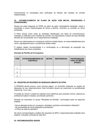 monitoramento ou reavaliação para verificação da eficácia das medidas de controle 
implementadas. 
23 - ESTABELECIMENTO DE PLANO DE AÇÃO COM METAS, PRIORIDADES E 
CRONOGRAMA. 
Deverá ser parte integrante do PPRA um plano de ação contemplando atividades, metas e 
prioridades a serem implementadas de forma a eliminar, minimizar ou controlar os riscos 
ambientais. 
O Plano deverá incluir todas as atividades identificadas nas fases de reconhecimento, 
avaliação ou definidas como medidas de controle. Os responsáveis e prazos de cada atividade 
deverão ser consensados com o responsável da instalação. 
Devem ser relacionadas em cronograma conforme modelo abaixo, as metas estabelecidas bem 
como o planejamento para o cumprimento destas metas. 
O objetivo destas recomendações é a minimização ou a eliminação da exposição dos 
trabalhadores aos riscos ambientais. 
Exemplo de Planilha de Cronograma: 
ITEM ATIVIDADES/MEDIDAS DE 
CONTROLE 
SETOR RESPONSÁVEL PROGRAMAÇÃO 
PARA OS MESES 
(PRAZO) 
1 
2 
3 
24 - REGISTRO DE REVISÕES DO DESENVOLVIMENTO DO PPRA 
O PPRA/DA deverá possuir, como primeira página, um formulário destinado ao registro de 
alterações do seu desenvolvimento. Este formulário deverá ser preenchido na periodicidade 
máxima de 1 (um ) ano. 
O modelo do “Anexo I” poderá ser utilizado como referência para conteúdo mínimo, cabendo ao 
profissional realizar inclusões, se entender pertinente. 
Deverão ser transcritas no campo "Resultado da Revisão”, informações sobre as seguintes 
análises: 
- Houve alteração de lay-out, processos, atividades, produtos movimentados /utilizados? 
- Há necessidade de novas avaliações quantitativas? 
- O Plano de Ação foi atendido? 
Na coluna correspondente a análise dos requisitos da NR-9 o responsável pela avaliação deve 
registrar a situação verificada de cada item. 
25 - RECOMENDAÇÕES GERAIS 
 
