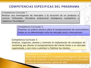 COMPETENCIAS ESPECIFICAS DEL PROGRAMA
Competencia Curricular 1.
Realizar una investigación de mercados y la incursión de un producto o
servicio “Utilizando, Disciplina empresarial Inteligencia competitiva y
Vigilancia Tecnológica”
Competencia Curricular 2.
Presentar un análisis técnico sobre el comportamiento de consumidores
finales en un determinado nicho de mercado local e internacional.
Competencia Curricular 3.
Analizar, organizar, planear y controlar la implantación de estrategias de
marketing que afecten al comportamiento del cliente frente a un mercado
segmentado, y con vista a satisfacer y Fidelizar los clientes.
Competencia Curricular 4.
Desarrollar actividades en el campo de los negocios, que dirijan
el flujo de productos y servicios del productor al consumidor,
agregando eficientemente cadena de valor.

 