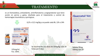 TRATAMIENTO
es un hemostático, antioxidante, antiinflamatorio y angioprotector que tiene
acción en perros y gatos, diseñado para el tratamiento y control de
hemorragias traumáticas y quirúrgicas.
Se recomienda una dosis de 10mg/kg cada 24
horas por 5 días
Tableta 70mg,
100mg caja 10
125mg/ml
Fco. 10ml
6,25 a 12,5 mg/kg y se puede cada 8h, 12h o 24h
 