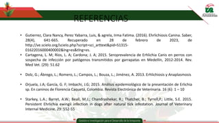 REFERENCIAS
• Gutierrez, Clara Nancy, Perez Yabarra, Luis, & agrela, Irma Fatima. (2016). Ehrlichiosis Canina. Saber,
28(4), 641-665. Recuperado en 28 de febrero de 2023, de
http://ve.scielo.org/scielo.php?script=sci_arttext&pid=S1315-
01622016000400002&lng=es&tlng=es.
• Cartagena, L. M; Ríos, L. A; Cardona; J. A; 2015. Seroprevalencia de Erhlichia Canis en perros con
sospecha de infección por patógenos transmitidos por garrapatas en Medellín, 2012-2014. Rev.
Med Vet. (29): 51.62
• Dolz, G.; Ábrego, L.; Romero, L.; Campos, L.; Bouza, L.; Jiménez, A. 2013. Erhlichiosis y Anaplasmosis
• Orjuela, J.A; García, G. F; Imbachi, J.G; 2015. Análisis epidemiológico de la presentación de Erlichia
sp. En caninos de Florencia Caquetá, Colombia. Revista Electrónica de Veterinaria. 16 (6): 1 – 10
• Starkey, L.A.; Barret, A.W.; Beall, M.J.; Chandrashekar, R.; Thatcher, B.; Tyrrell,P.; Little, S.E. 2015.
Persistent Ehrlichia ewingii infection in dogs after natural tick infestation. Journal of Veterinary
Internal Medicine. 29: 552-55
 