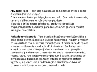 Atividades Foco – Tem alta classificação como missão crítica e como
diferenciadoras de atuação .
Criam e aumentam a participação no mercado . Sua meta é excelência,
ser uma melhoria em relação aos competidores.
Inovação é crítica nestas atividades , produtos e processos
enquadrados neste quadrante para que possamos ganhar e manter
vantagem competitiva .

Paridade com Mercado- Tem alta classificação como missão crítica e
baixa como diferenciadoras de atuação no mercado . Ajudam a manter
nossa paridade com os demais competidores. A maior parte de nossos
processos estão neste quadrante . Entretanto se não dedicarmos
atenção a estes processos prejudicamos seriamente a operação e
perdemos a paridade com o mercado. Por outro lado seu redesenho,
reconstrução , não agrega valor competitivo. É para este conjunto de
atividades que buscamos conhecer, estudar as melhores práticas
vigentes , o que nos leva a padronização e simplificação. Não são
processos estáticos uma vez que o mercado muda
 