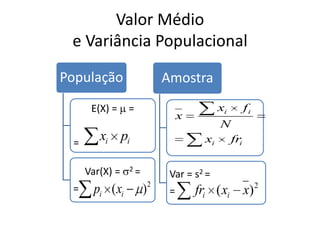 Valor Médio
 e Variância Populacional

População                  Amostra
      E(X) =     =                        xi         fi
                                x
                                          N
 =
        xi pi                        xi        fri


     Var(X) =    2=
                            Var = s2 =
 =     pi ( xi        )2    =       fri ( xi x)           2
 