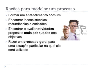 Razões para modelar um processo
 Formar um entendimento comum
 Encontrar inconsistências,
redundâncias e omissões
 Encontrar e avaliar atividades
propostas mais adequadas aos
objetivos
 Fazer um processo geral para
uma situação particular na qual ele
será utilizado
 