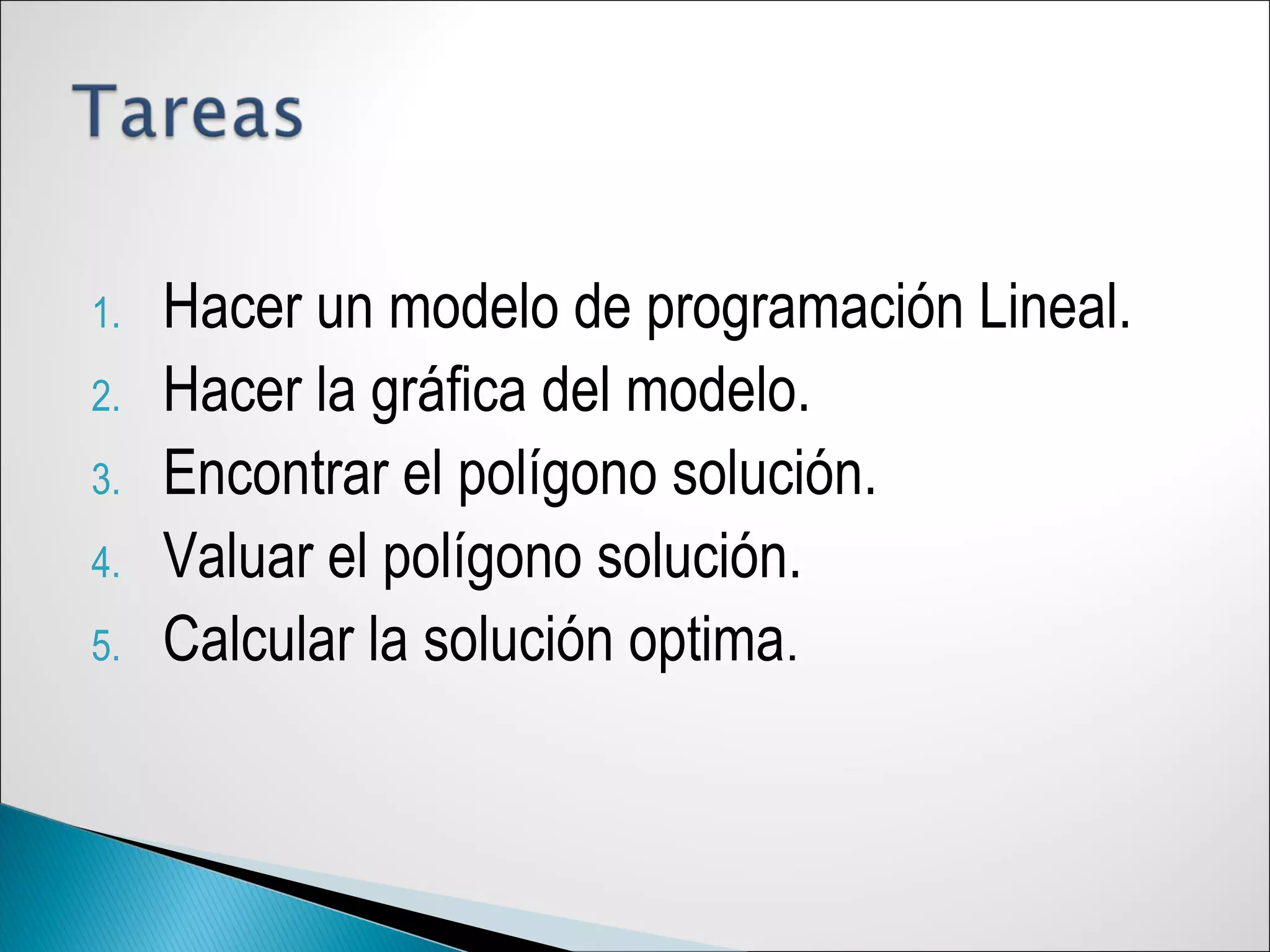 1. Hacer un modelo de programación Lineal.
2. Hacer la gráfica del modelo.
3. Encontrar el polígono solución.
4. Valuar el polígono solución.
5. Calcular la solución optima.
 