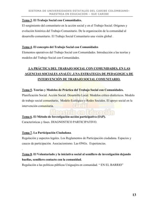 SISTEMA DE UNIVERSIDADES ESTATALES DEL CARIBE COLOMBIANO-
MAESTRIA EN EDUCACION – SUE CARIBE
13
Tema 3. El Trabajo Social con Comunidades.
El surgimiento del comunitario en la acción social y en el Trabajo Social. Orígenes y
evolución histórica del Trabajo Comunitario. De la organización de la comunidad al
desarrollo comunitario. El Trabajo Social Comunitario una visión global .
Tema 4. El concepto del Trabajo Social con Comunidades
Elementos operativos del Trabajo Social con Comunidades. Introducción a las teorías y
modelos del Trabajo Social con Comunidades.
LA PRÁCTICA DEL TRABAJO SOCIAL CON COMUNIDADES, EN LAS
AGENCIAS SOCIALES ANALÚU ,UNA ESTRATEGIA DE PEDAGOGICA DE
INTERVENCIÓN DE TRABAJO SOCIAL COMUNITARIO.
Tema 5. Teorías y Modelos de Práctica del Trabajo Social con Comunidades.
Planificación Social. Acción Social. Desarrollo Local. Modelos crítico dialécticos. Modelo
de trabajo social comunitario, Modelo Ecológico y Redes Sociales. El apoyo social en la
intervención comunitaria.
Tema 6. El Método de Investigación-acción participativa (IAP).
Características y fases. DIAGNOSTICO PARTICIPATIVO.
Tema 7. La Participación Ciudadana.
Regulación y aspectos legales. Los Reglamentos de Participación ciudadana. Espacios y
cauces de participación. Asociacionismo. Las ONGs. Experiencias.
.
Tema 8. El Voluntariado y la iniciativa social al semillero de investigación dejando
huellas, semillero contacto con la comunidad.
Regulación a las políticas públicas Uniguajira en comunidad. “ EN EL BARRIO”
 