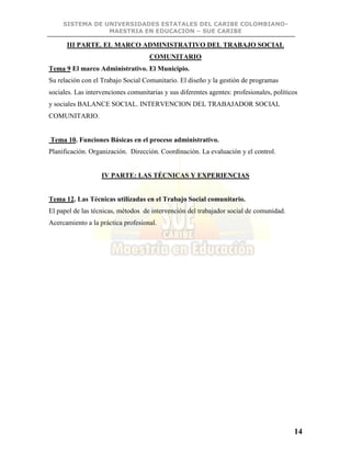 SISTEMA DE UNIVERSIDADES ESTATALES DEL CARIBE COLOMBIANO-
MAESTRIA EN EDUCACION – SUE CARIBE
14
III PARTE. EL MARCO ADMINISTRATIVO DEL TRABAJO SOCIAL
COMUNITARIO
Tema 9 El marco Administrativo. El Municipio.
Su relación con el Trabajo Social Comunitario. El diseño y la gestión de programas
sociales. Las intervenciones comunitarias y sus diferentes agentes: profesionales, políticos
y sociales BALANCE SOCIAL. INTERVENCION DEL TRABAJADOR SOCIAL
COMUNITARIO.
Tema 10. Funciones Básicas en el proceso administrativo.
Planificación. Organización. Dirección. Coordinación. La evaluación y el control.
IV PARTE: LAS TÉCNICAS Y EXPERIENCIAS
Tema 12. Las Técnicas utilizadas en el Trabajo Social comunitario.
El papel de las técnicas, métodos de intervención del trabajador social de comunidad.
Acercamiento a la práctica profesional.
 