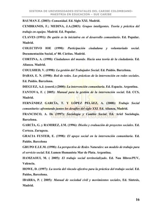 SISTEMA DE UNIVERSIDADES ESTATALES DEL CARIBE COLOMBIANO-
MAESTRIA EN EDUCACION – SUE CARIBE
16
BAUMAN Z. (2003): Comunidad. Ed. Siglo XXI. Madrid.
CEMBRANOS, F.; MEDINA, J.A.(2003): Grupos inteligentes. Teoría y práctica del
trabajo en equipo. Madrid. Ed. Popular.
CLAVES (1991): De quién es la iniciativa en el desarrollo comunitario. Ed. Popular.
Madrid.
COLECTIVO IOE (1990): Participación ciudadana y voluntariado social.
Documentación Social, nº 80. Cáritas. Madrid.
CORTINA, A. (1998): Ciudadanos del mundo. Hacia una teoría de la ciudadanía. Ed.
Alianza. Madrid.
COULSHED, V. (1998): La gestión del Trabajador Social. Ed. Paidós. Barcelona.
DABAS, E. N. (1998): Red de redes. Las prácticas de la intervención en redes sociales.
Ed. Paidós. Barcelona.
DIEGUEZ, A.J. (coord.) (2000): La intervención comunitaria. Ed. Espacio. Argentina.
FANTOVA, F. ( 2005): Manual para la gestión de la intervención social. Ed. CCS,
Madrid.
FERNÁNDEZ GARCÍA, T. Y LÓPEZ PELÁEZ, A. (2008): Trabajo Social
comunitario: afrontando juntos los desafíos del siglo XXI. Ed. Alianza, Madrid.
FRANCISCO, A. De (1997): Sociología y Cambio Social. Ed. Ariel Sociología.
Barcelona.
GARCÍA, G. y RAMIREZ, J.M. (1996): Diseño y evaluación de proyectos sociales. Ed.
Certeza. Zaragoza.
GRACIA FUSTER, E. (1998): El apoyo social en la intervención comunitaria. Ed.
Paidós. Barcelona
GRUPO E.I.E.M. (1998): La perspectiva de Redes Naturales: un modelo de trabajo para
el servicio social. Ed. Lumen Humanista Mar de Plata. Argentina.
HAMZAOUI, M. ( 2005): El trabajo social territorializado. Ed. Nau llibres/PUV,
Valencia.
HOWE, D. (1997): La teoría del vínculo afectivo para la práctica del trabajo social. Ed.
Paidos, Barcelona.
IBARRA, P. ( 2005): Manual de sociedad civil y movimientos sociales, Ed. Síntesis,
Madrid.
 