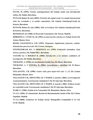 SISTEMA DE UNIVERSIDADES ESTATALES DEL CARIBE COLOMBIANO-
MAESTRIA EN EDUCACION – SUE CARIBE
18
PAYNE, M. (1995): Teorías contemporáneas del trabajo social: una introducción
crítica. Ed. Paidós, Barcelona.
PUTNAM, Robert D. (ed.) (2003): El declive del capital social. Un estudio internacional
sobre las sociedades y el sentido comunitario. Ed. Galaxia Gutenberg/Círculo de
lectores, Barcelona.
PUTNAM, Robert D. (ed.) (2002): Sólo en la bolera. Ed. Galaxia Gutenberg/Círculo
de lectores, Barcelona.
REZSOHAZY, R. (1988): El Desarrollo Comunitario. Ed. Narcea. Madrid.
ROBERTIS, C. Y PASCAL, H. (1994): La intervención colectiva en Trabajo Social. Ed.
Ateneo. Buenos Aires.
RUEDA PALENZUELA, J.M. (1993): Programar, implementar proyectos, evaluar.
Instrumentos para la acción. Ed. Certeza. Zaragoza.
STUFFELEBEAM, D.L. Y SHIKFIELD A.J. (1995): Evaluación sistemática. Guía
teórica y práctica. Ed. Paidós/MEC, Barcelona.
TAYLOR S.J. Y BOGDAN R. (2000): Introducción a los métodos cualitativos de
investigación. Ed. Paidós. Barcelona.
TOURAINE, A. (1990): Los movimientos sociales hoy. Ed. Hacer. Barcelona.
TOURAINE, A. Y FLECHA, R. (2004): Conocimiento e identidad. Ed. El Roure.
Barcelona.
VILLASANTE, T.R. (1998): Cuatro redes para mejor-vivir (col. 1 y 2). Ed. Lumen
Humanitas. Buenos Aires.
VILLASANTE T.R., MONTAÑES, M. Y MARTÍ, J. (coord.) ( 2002): La investigación
social participativa. Construyendo ciudadanía/1. Ed. El viejo topo. Barcelona.
VILLASANTE T.R., MONTAÑES, M. Y MARTÍ, J. (coord.) ( 2003): Políticas locales
de creatividad social. Construyendo ciudadanía/2. Ed. El viejo topo. Barcelona.
WARE, C. (1986): Estudio de la Comunidad. Ed. Humanitas. Buenos Aires.
VV.AA. (1996): El voluntariado. Revista de Documentación Social nº104. Ed. Cáritas
Española. Madrid.
VV.AA (2000): Cuadernos de Trabajo Social. Monográfico Comunidad nº 13. Ed.
UCM. Madrid.
 