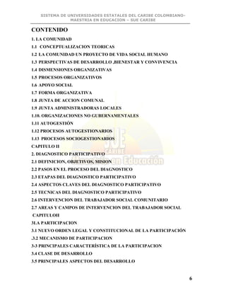 SISTEMA DE UNIVERSIDADES ESTATALES DEL CARIBE COLOMBIANO-
MAESTRIA EN EDUCACION – SUE CARIBE
6
CONTENIDO
1. LA COMUNIDAD
1.1 CONCEPTUALIZACION TEORICAS
1.2 LA COMUNIDAD UN PROYECTO DE VIDA SOCIAL HUMANO
1.3 PERSPECTIVAS DE DESARROLLO ,BIENESTAR Y CONVIVENCIA
1.4 DISMENSIONES ORGANIZATIVAS
1.5 PROCESOS ORGANIZATIVOS
1.6 APOYO SOCIAL
1.7 FORMA ORGANIZATIVA
1.8 JUNTA DE ACCION COMUNAL
1.9 JUNTA ADMINISTRADORAS LOCALES
1.10. ORGANIZACIONES NO GUBERNAMENTALES
1.11 AUTOGESTIÓN
1.12 PROCESOS AUTOGESTIONARIOS
1.13 PROCESOS SOCIOGESTIONARIOS
CAPITULO II
2. DIAGNOSTICO PARTICIPATIVO
2.1 DEFINICION, OBJETIVOS, MISION
2.2 PASOS EN EL PROCESO DEL DIAGNOSTICO
2.3 ETAPAS DEL DIAGNOSTICO PARTICIPATIVO
2.4 ASPECTOS CLAVES DEL DIAGNOSTICO PARTICIPATIVO
2.5 TECNICAS DEL DIAGNOSTICO PARTICIPATIVO
2.6 INTERVENCION DEL TRABAJADOR SOCIAL COMUNITARIO
2.7 AREAS Y CAMPOS DE INTERVENCION DEL TRABAJADOR SOCIAL
CAPITULOII
3LA PARTICIPACION
3.1 NUEVO ORDEN LEGAL Y CONSTITUCIONAL DE LA PARTICIPACIÓN
.3.2 MECANISMO DE PARTICIPACION
3-3 PRINCIPALES CARACTERÍSTICA DE LA PARTICIPACION
3.4 CLASE DE DESARROLLO
3.5 PRINCIPALES ASPECTOS DEL DESARROLLO
 