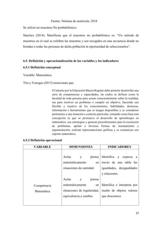 37
Fuente: Nómina de matrícula, 2018
Se utilizó un muestreo No probabilístico:
Sánchez (2014). Manifiesta que el muestreo no probabilístico es: “Un método de
muestreo en el cual se exhiben las muestras y son recogidos en una secuencia donde no
brindan a todas las personas de dicha población la oportunidad de seleccionarlos”.
6.5. Definición y operacionalización de las variables y los indicadores
6.5.1 Definición conceptual
Variable: Matemática
Tito y Venegas (2013) mencionan que:
El tránsito por la Educación Básica Regular debe permitir desarrollar una
serie de competencias y capacidades, las cuales se definen como la
facultad de toda persona para actuar conscientemente sobre la realidad,
sea para resolver un problema o cumplir un objetivo, haciendo uso
flexible y creativo de los conocimientos, habilidades, destrezas,
información o herramientas que se tengan disponibles y se consideren
pertinentes a una situación o contexto particular, tomando como base esta
concepción es que se promueve el desarrollo de aprendizajes en
matemática, usa estrategias y generan procedimientos para la resolución
de problemas, apelan a diversas formas de razonamiento y
argumentación, realizan representaciones gráficas y se comunican con
soporte matemático.
6.5.2 Definición operacional
VARIABLE DIMENSIONES INDICADORES
Competencia
Matemática
Actúa y piensa
matemáticamente en
situaciones de cantidad.
Actúa y piensa
matemáticamente en
situaciones de regularidad,
equivalencia y cambio.
Identifica y expresa a
través de una tabla las
igualdades, desigualdades
y relaciones.
Identifica e interpreta por
medio de objetos valores
que desconoce.
 