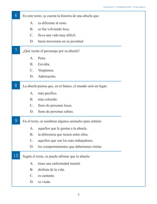 5
LENGUAJE Y COMUNICACIÓN 4o
Año Básico
En este texto, se cuenta la historia de una abuela que:
A. es diferente al resto.
B. se fue volviendo loca.
C. lleva una vida muy difícil.
D. hacía travesuras en su juventud.
¿Qué siente el personaje por su abuela?
A. Pena.
B. Envidia.
C. Vergüenza.
D. Admiración.
La abuela piensa que, en el futuro, el mundo será un lugar:
A. más pacífico.
B. más colorido.
C. lleno de personas locas.
D. lleno de personas sabias.
En el texto, se nombran algunos animales para señalar:
A. aquellos que le gustan a la abuela.
B. la diferencia que tienen entre ellos.
C. aquellos que son los más trabajadores.
D. los comportamientos que deberíamos imitar.
Según el texto, se puede afirmar que la abuela:
A. tiene una enfermedad mental.
B. disfruta de la vida.
C. es cantante.
D. es viuda.
6
7
8
9
10
 