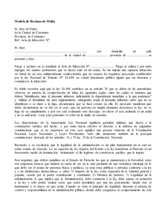 Modelo De Rechazo De Multa De Transito