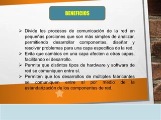 BENEFICIOS
 Divide los procesos de comunicación de la red en
pequeñas porciones que son más simples de analizar,
permitiendo desarrollar componentes, diseñar y
resolver problemas para una capa especifica de la red.
 Evita que cambios en una capa afecten a otras capas,
facilitando el desarrollo.
 Permite que distintos tipos de hardware y software de
red se comuniquen entre sí.
 Permiten que los desarrollos de múltiples fabricantes
se comuniquen entre sí por medio de la
estandarización de los componentes de red.
 